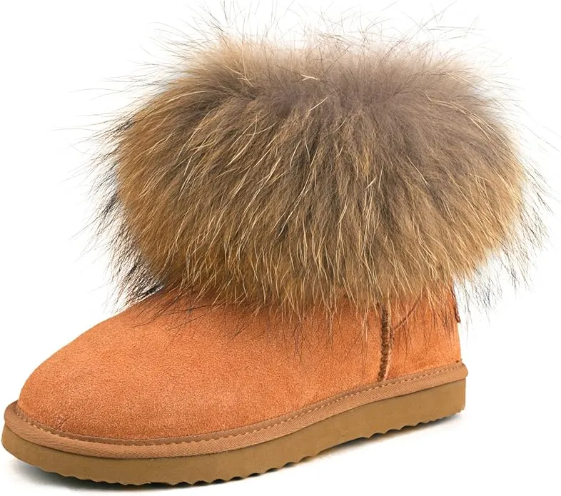 Ausland women's short ankle snow boots in waterproof genuine suede with fluffy fur trim.