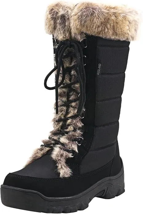 Ausland women's black waterproof snow boots featuring a twin peaks fur cuff and lace-up design for winter.